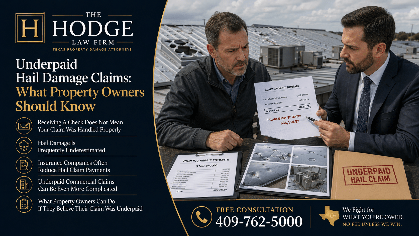Underpaid Hail Damage Claims: What Property Owners Should Know Our hail damage claim attorneys at The Hodge Law Firm explains underpaid hail damage claims and what property owners need to know.