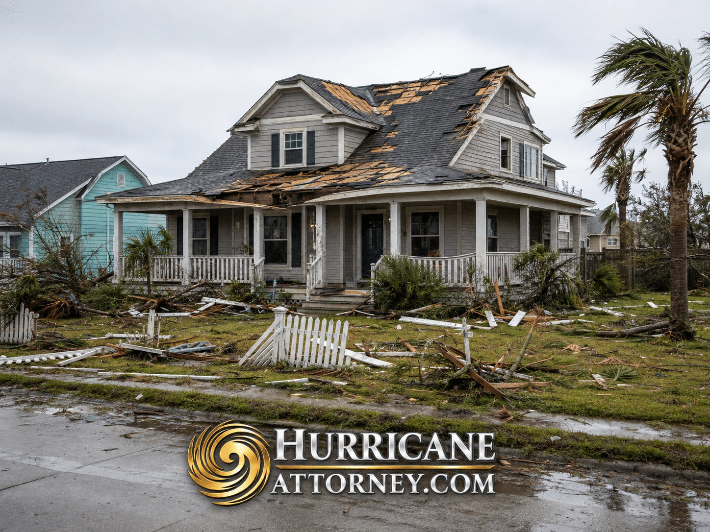Why Texas Hurricane Insurance Claims Are Denied Hurricane-damaged, two-story house with a collapsed roof and scattered debris in the yard, under a gray sky, with HurricaneAttorney.com logo at the bottom.